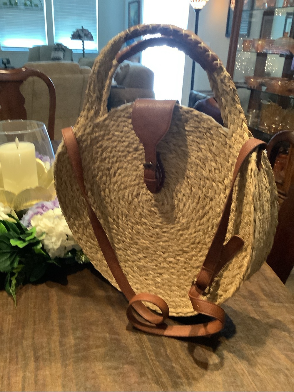 Woven Round Straw Tote Bag with Brown Leather Trim crossbody strap - Picture 4 of 4